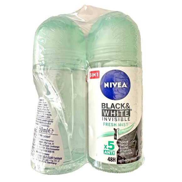 Pack of 2! Nivea Black & White Invisible Fresh Mist Scent Roll-On - Picture 2 of 2